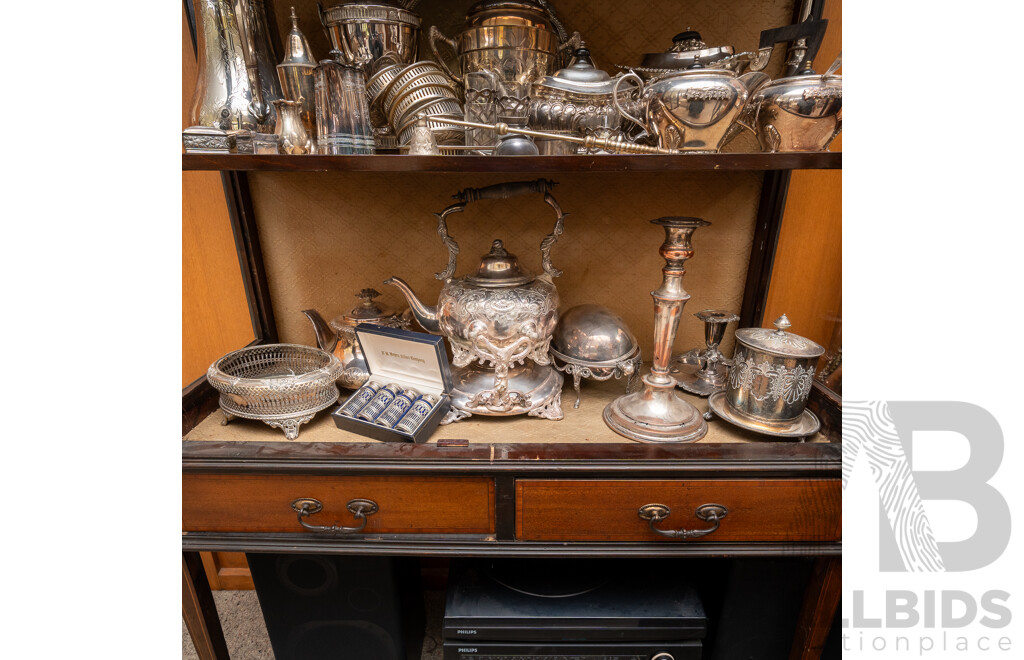 Collection Vintage & Other Silver Plate by Various English Makers Including Heavily Repousse Kettle on Stand, Warming Dish with Revolving Lid, Set Four Blue Glass S & P Shakers in Silver Plate Sleeves with and More