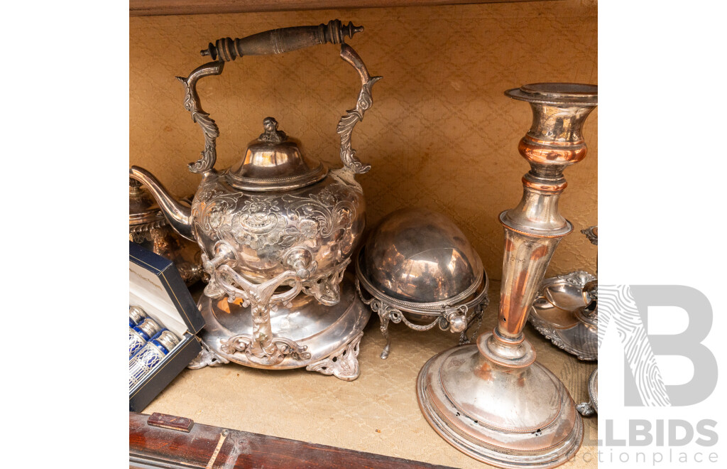Collection Vintage & Other Silver Plate by Various English Makers Including Heavily Repousse Kettle on Stand, Warming Dish with Revolving Lid, Set Four Blue Glass S & P Shakers in Silver Plate Sleeves with and More