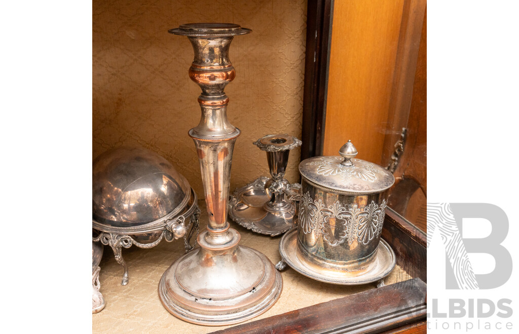 Collection Vintage & Other Silver Plate by Various English Makers Including Heavily Repousse Kettle on Stand, Warming Dish with Revolving Lid, Set Four Blue Glass S & P Shakers in Silver Plate Sleeves with and More