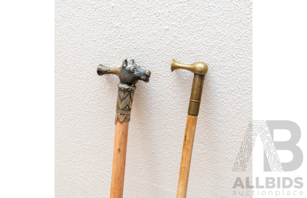 Two Vintage Swagger Sticks Comprising Silver Plate Dog Head Example