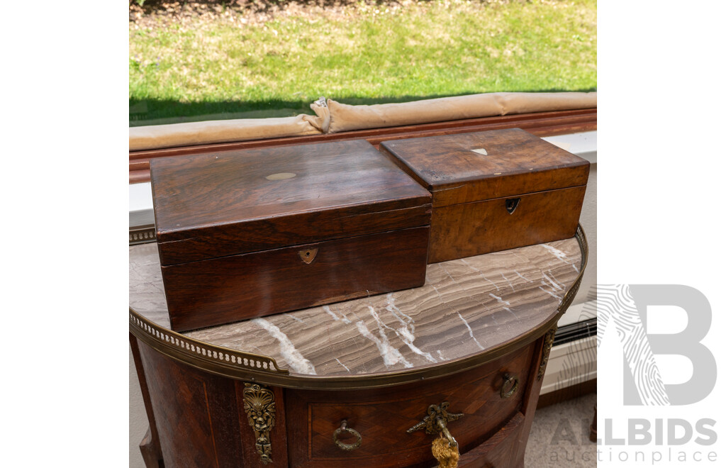 Antique Victorian Mahoghany Veneer Writting Box Along with Another Antique Wooden Box