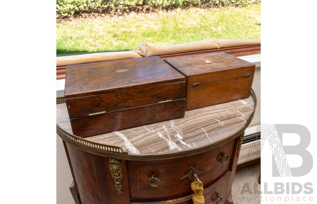 Antique Victorian Mahoghany Veneer Writting Box Along with Another Antique Wooden Box