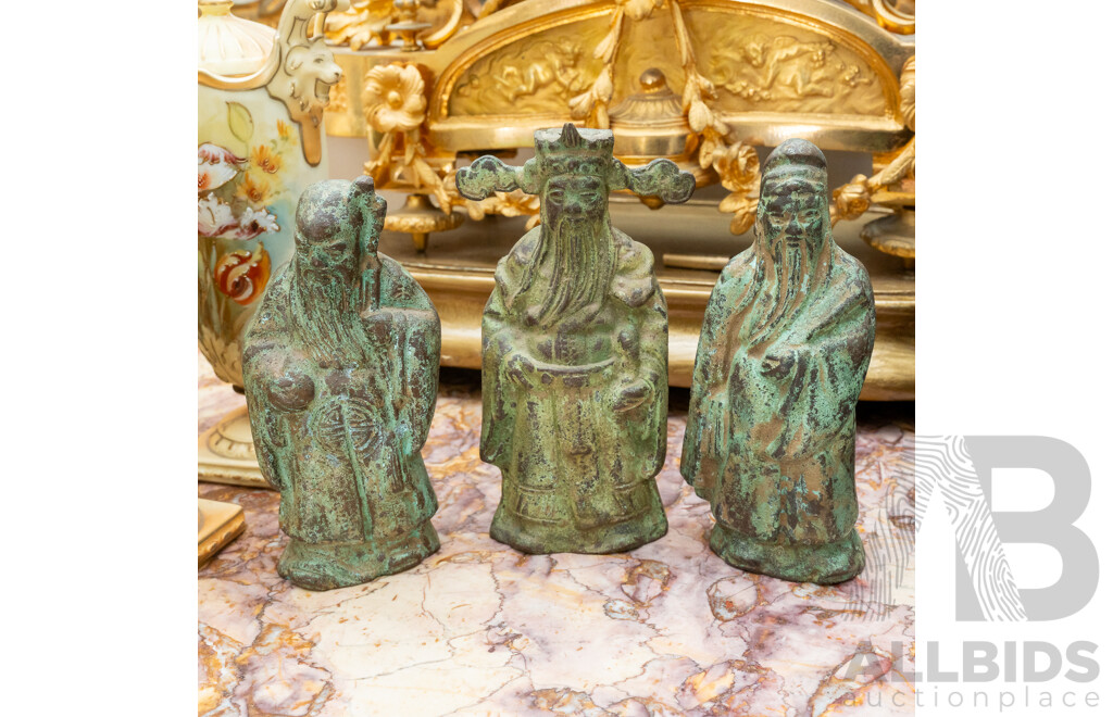 Three Vintage Chinese Bronze Heavily Patinated Figures Including Lu Xing God of Prosperity