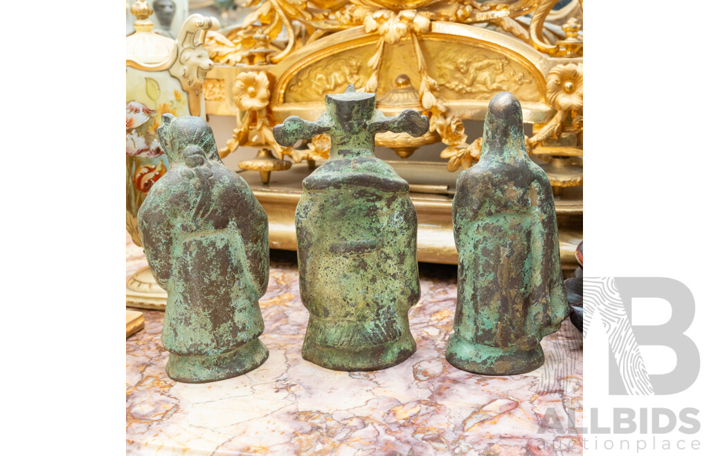 Three Vintage Chinese Bronze Heavily Patinated Figures Including Lu Xing God of Prosperity