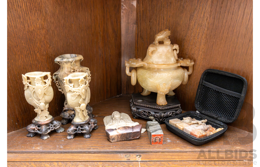 Collection Chinese Soft Stone Carving Including Tripod Footed Lidded Censer on Wooden Stand, Trio Vases with Carved Stone Stands, Five Seals and More