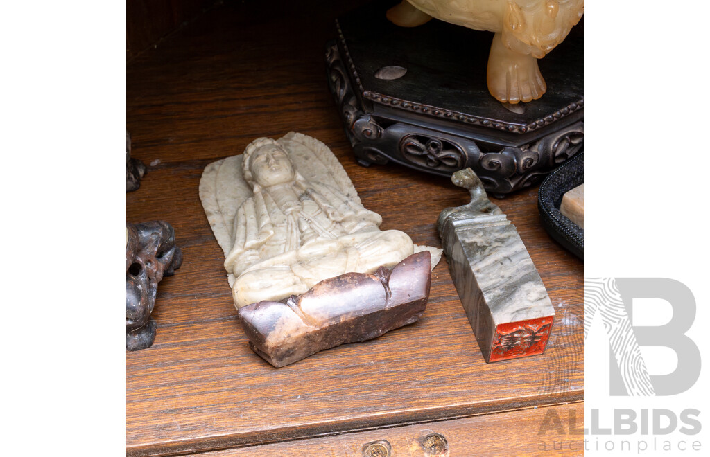 Collection Chinese Soft Stone Carving Including Tripod Footed Lidded Censer on Wooden Stand, Trio Vases with Carved Stone Stands, Five Seals and More