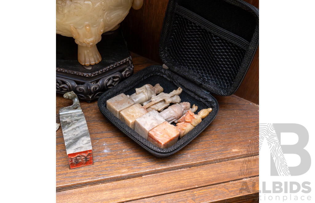 Collection Chinese Soft Stone Carving Including Tripod Footed Lidded Censer on Wooden Stand, Trio Vases with Carved Stone Stands, Five Seals and More