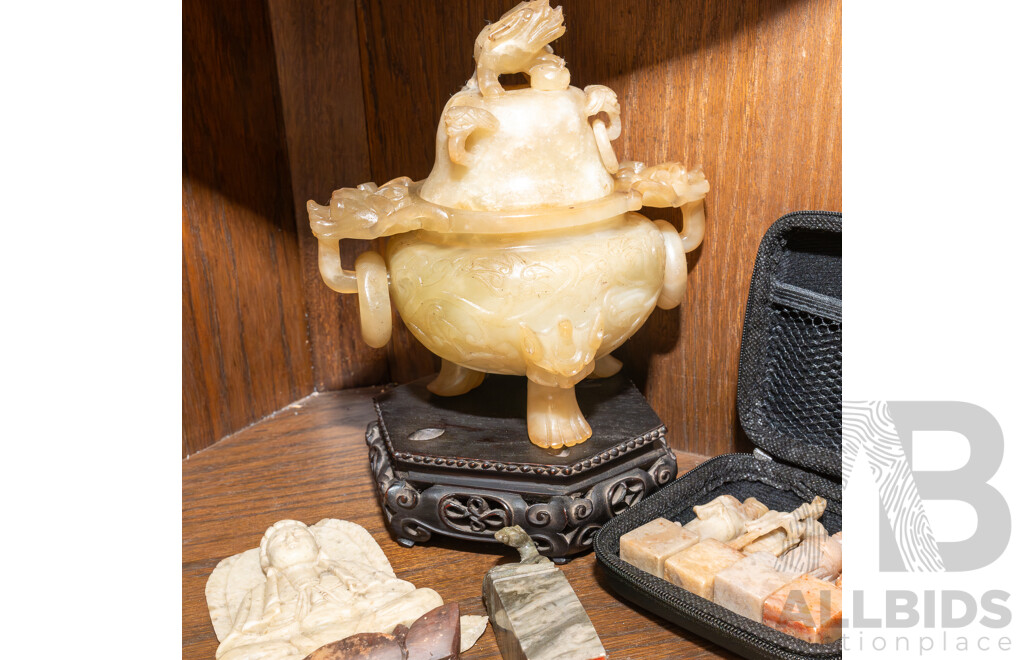 Collection Chinese Soft Stone Carving Including Tripod Footed Lidded Censer on Wooden Stand, Trio Vases with Carved Stone Stands, Five Seals and More