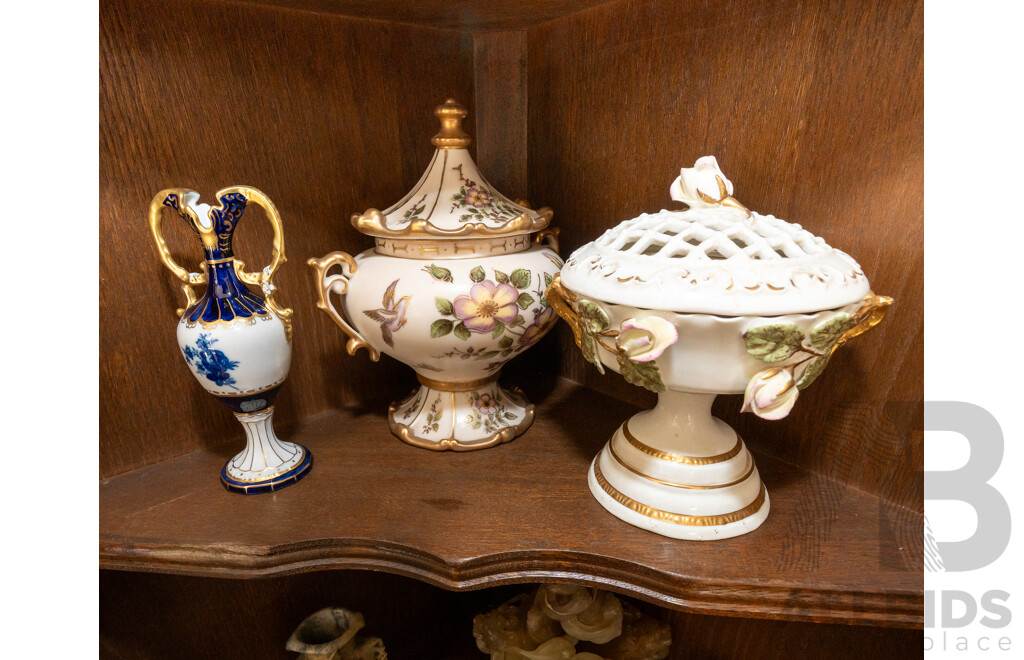 Collection Continental & English Antique & Other Porcelain Including Twin Handled Vase with Gilt Flower Design, Royal Dux Twin Handled Vase, Crown Staffordshire Flower Posey and More