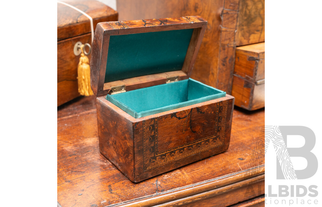 Antique Late Victorian Birds Eye Mahogany Veneer Marquetry Inlaid  Dome Top Box of Diminutive Size, Circa 1880S