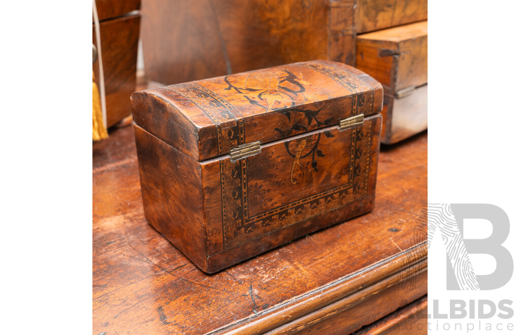 Antique Late Victorian Birds Eye Mahogany Veneer Marquetry Inlaid  Dome Top Box of Diminutive Size, Circa 1880S