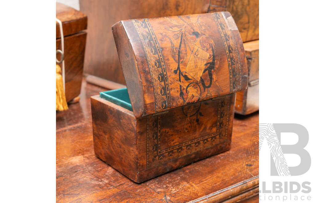 Antique Late Victorian Birds Eye Mahogany Veneer Marquetry Inlaid  Dome Top Box of Diminutive Size, Circa 1880S