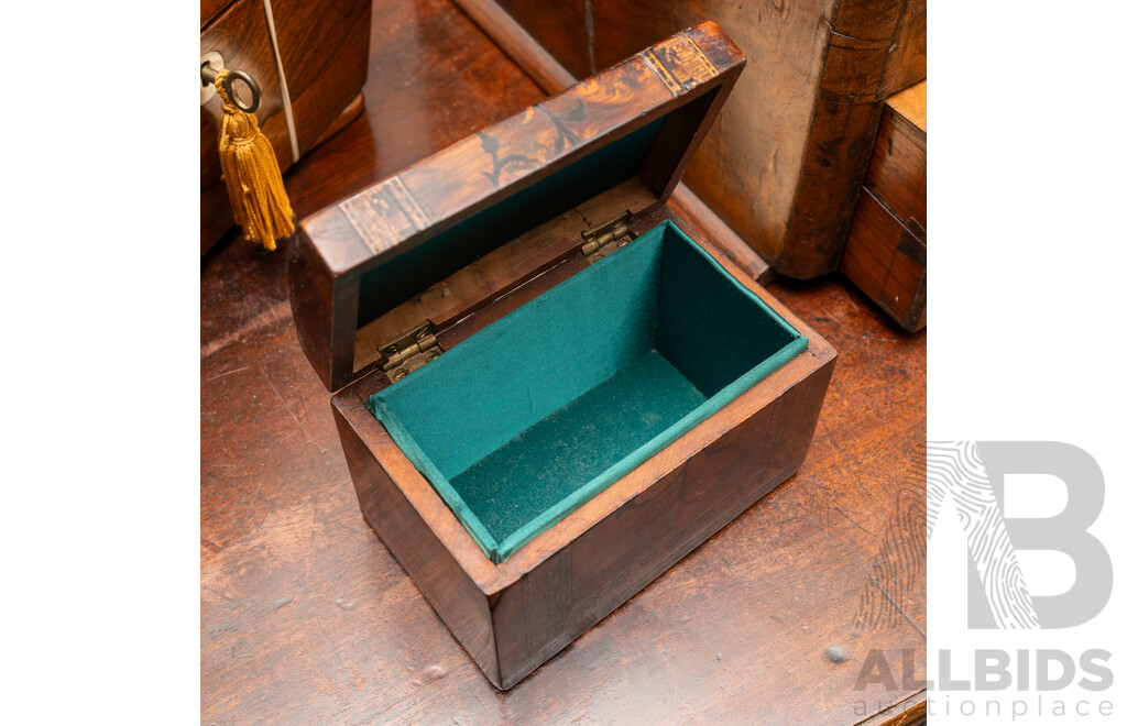 Antique Late Victorian Birds Eye Mahogany Veneer Marquetry Inlaid  Dome Top Box of Diminutive Size, Circa 1880S