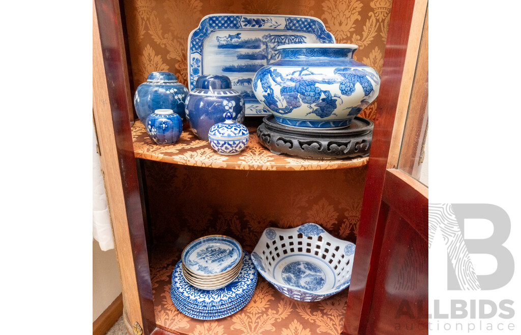 Collection Antique & Vintage Asian Blue and White Porcelain Including, Three Small Lidded Ginger Jars with Cherry Blossom Motif, Set Six Small Shallow Bowls and More