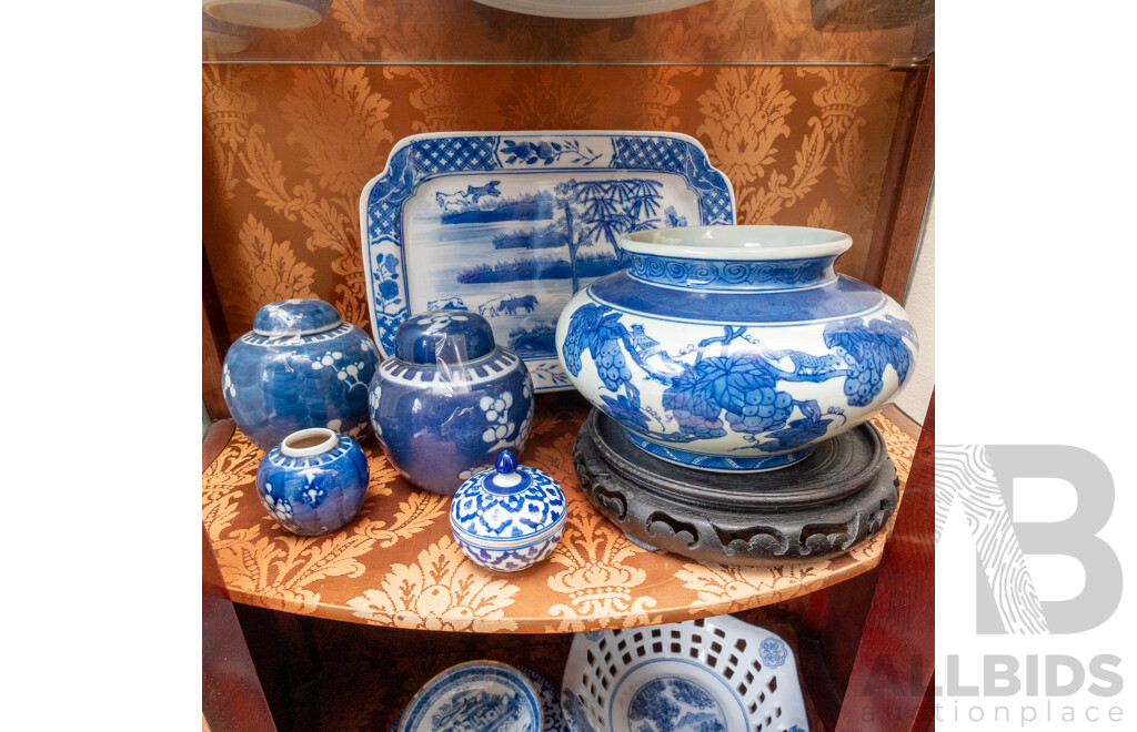 Collection Antique & Vintage Asian Blue and White Porcelain Including, Three Small Lidded Ginger Jars with Cherry Blossom Motif, Set Six Small Shallow Bowls and More