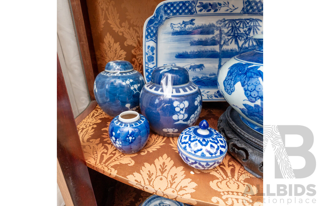 Collection Antique & Vintage Asian Blue and White Porcelain Including, Three Small Lidded Ginger Jars with Cherry Blossom Motif, Set Six Small Shallow Bowls and More
