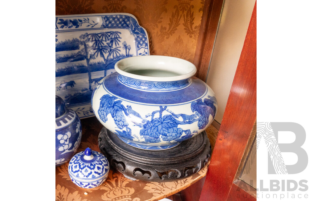 Collection Antique & Vintage Asian Blue and White Porcelain Including, Three Small Lidded Ginger Jars with Cherry Blossom Motif, Set Six Small Shallow Bowls and More