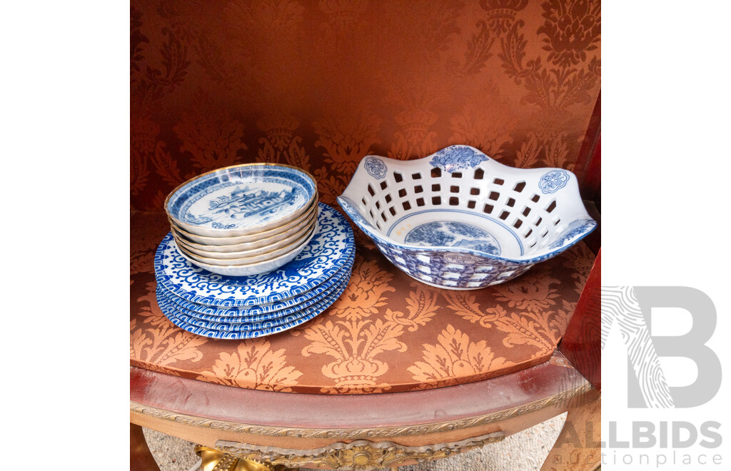 Collection Antique & Vintage Asian Blue and White Porcelain Including, Three Small Lidded Ginger Jars with Cherry Blossom Motif, Set Six Small Shallow Bowls and More