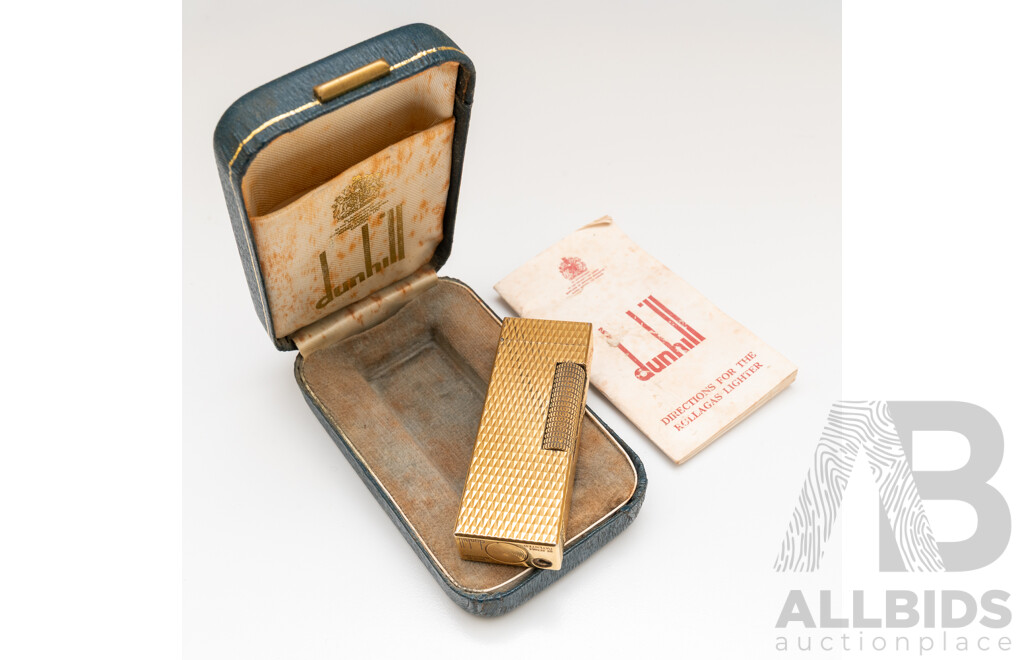 Vintage Swiss Made Dunhill Rollagas Gold Plated Lighter in Original Box with Instruction Booklet