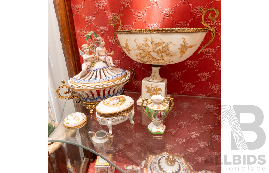 Collection Antique and Vintage Continental Porcelain Including Lidded Dish with Cherub Theme, Three Small Limoges Pieces, Twin Handled Urn