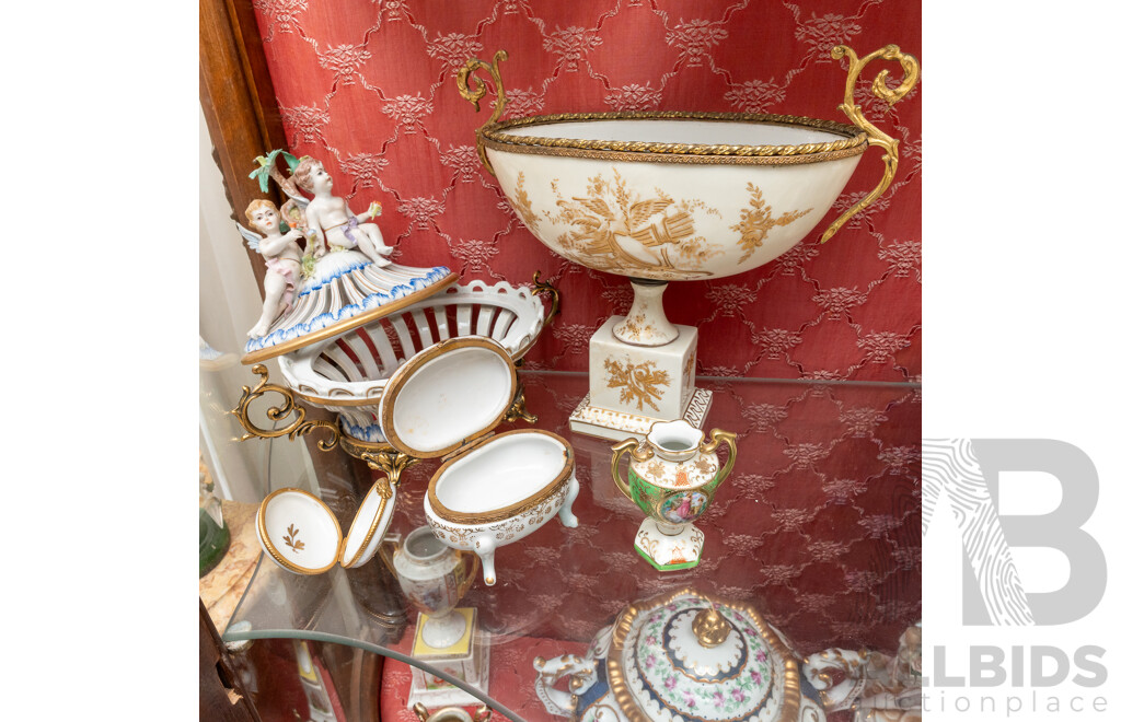 Collection Antique and Vintage Continental Porcelain Including Lidded Dish with Cherub Theme, Three Small Limoges Pieces, Twin Handled Urn