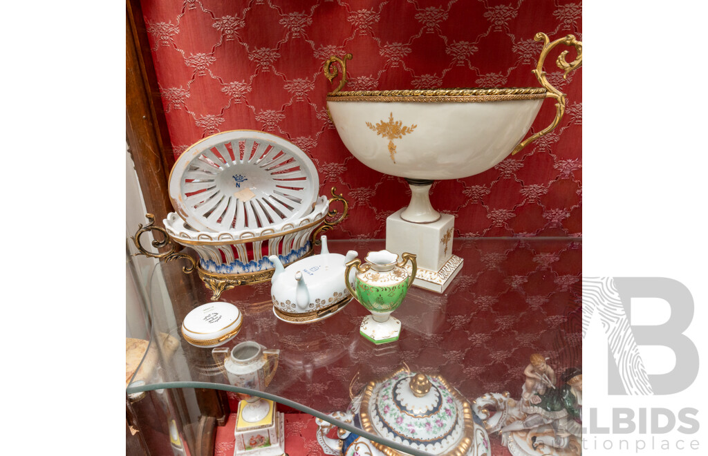 Collection Antique and Vintage Continental Porcelain Including Lidded Dish with Cherub Theme, Three Small Limoges Pieces, Twin Handled Urn