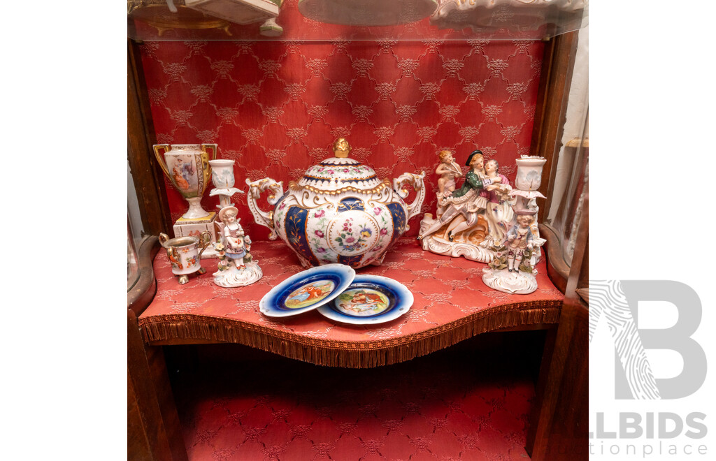 Nice Collection Antique and Vintage Continental Porcelain Including Dresden Style Three Piece Candle Holders, Dresden Lidded Turreen Loving Cup, Austrian Urn and More