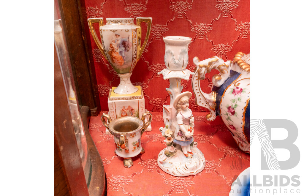Nice Collection Antique and Vintage Continental Porcelain Including Dresden Style Three Piece Candle Holders, Dresden Lidded Turreen Loving Cup, Austrian Urn and More