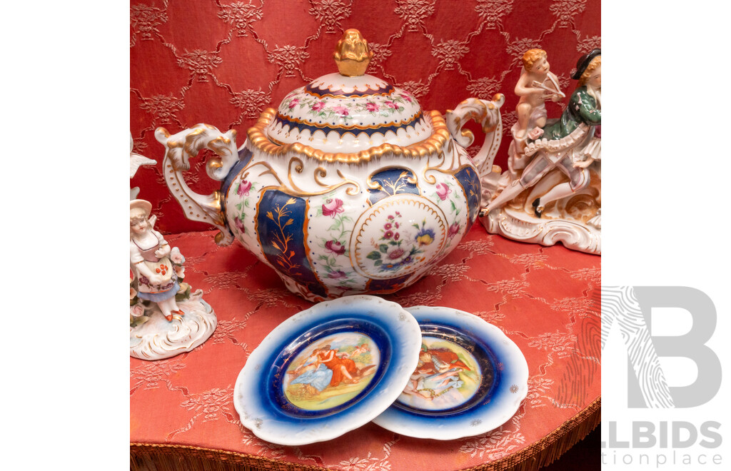 Nice Collection Antique and Vintage Continental Porcelain Including Dresden Style Three Piece Candle Holders, Dresden Lidded Turreen Loving Cup, Austrian Urn and More