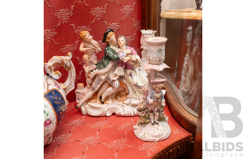 Nice Collection Antique and Vintage Continental Porcelain Including Dresden Style Three Piece Candle Holders, Dresden Lidded Turreen Loving Cup, Austrian Urn and More