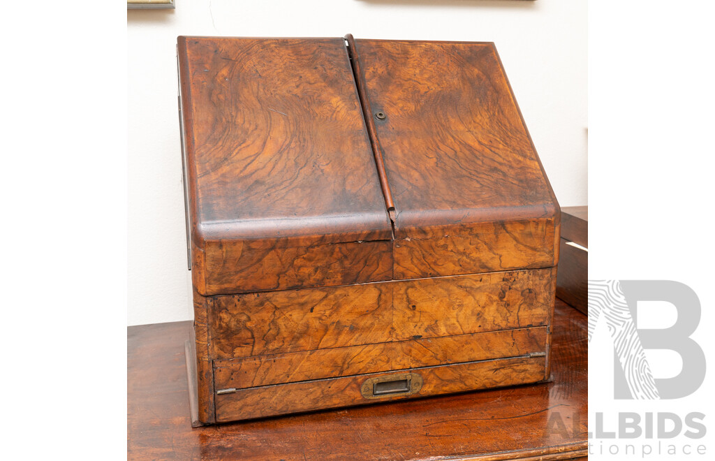 Wonderful Antique English Walnut Early Victorian Desk Document Box with Fold Out Writing Slope in Lower Drawer with Recessed Brass Handle, File Compartments