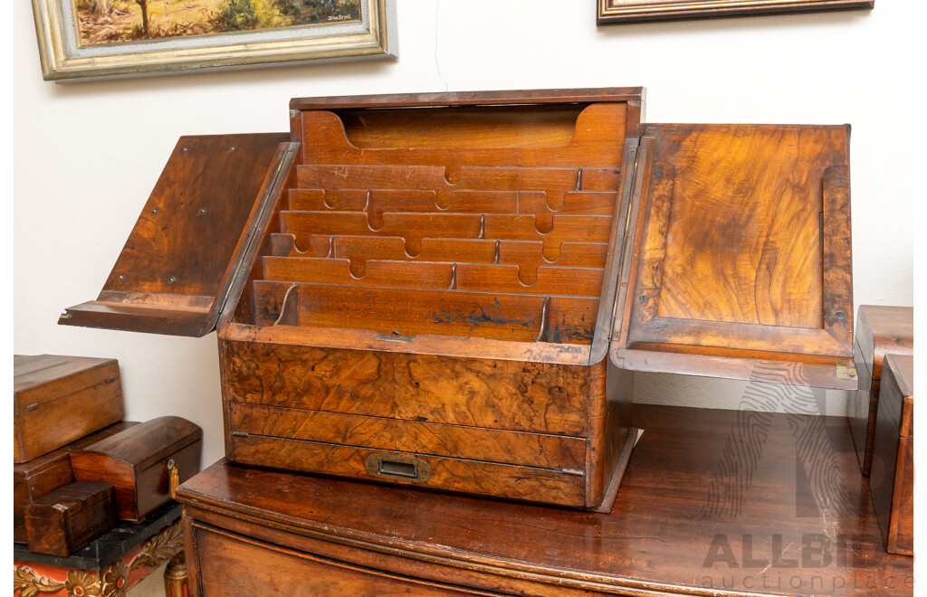 Wonderful Antique English Walnut Early Victorian Desk Document Box with Fold Out Writing Slope in Lower Drawer with Recessed Brass Handle, File Compartments