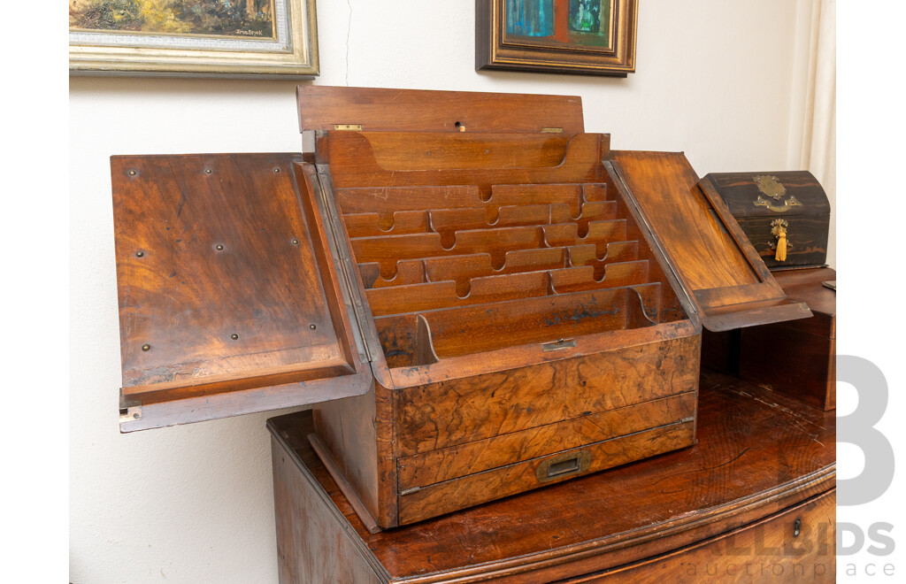 Wonderful Antique English Walnut Early Victorian Desk Document Box with Fold Out Writing Slope in Lower Drawer with Recessed Brass Handle, File Compartments