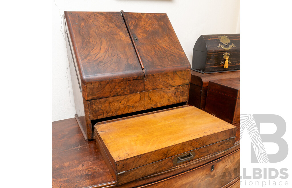 Wonderful Antique English Walnut Early Victorian Desk Document Box with Fold Out Writing Slope in Lower Drawer with Recessed Brass Handle, File Compartments