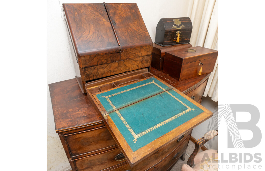 Wonderful Antique English Walnut Early Victorian Desk Document Box with Fold Out Writing Slope in Lower Drawer with Recessed Brass Handle, File Compartments