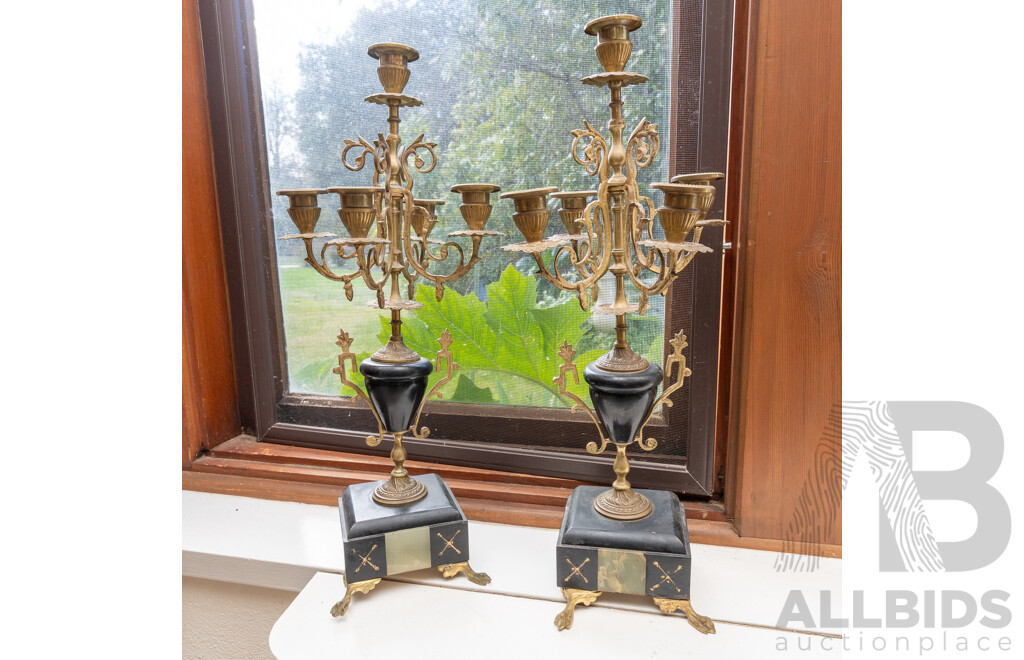 Pair Antique French Brass Four Branch Five Candle Holders with Slate and Onyx Bases