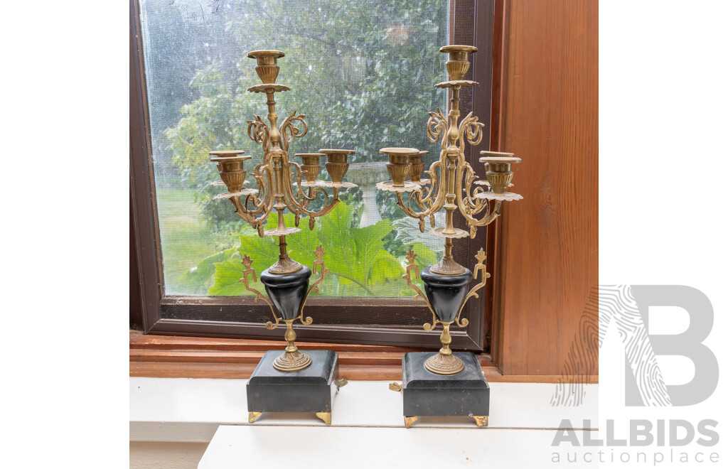 Pair Antique French Brass Four Branch Five Candle Holders with Slate and Onyx Bases