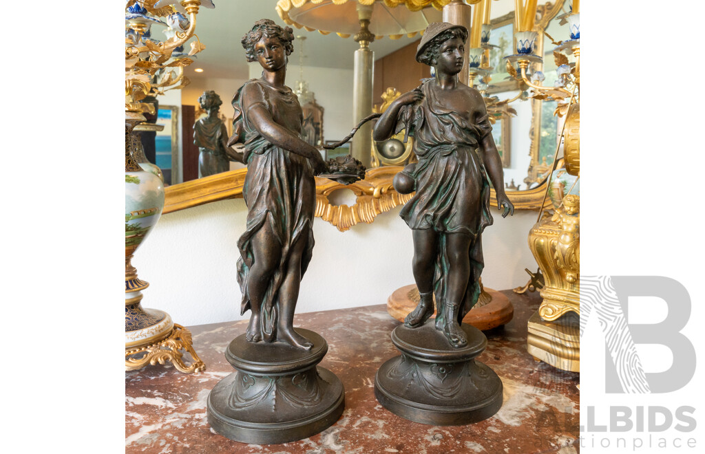 Pair Antique French Spelter Male & Female Bird Catchers Figures