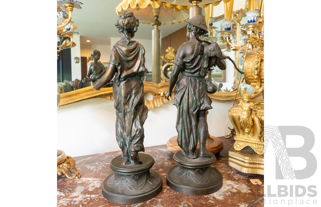 Pair Antique French Spelter Male & Female Bird Catchers Figures