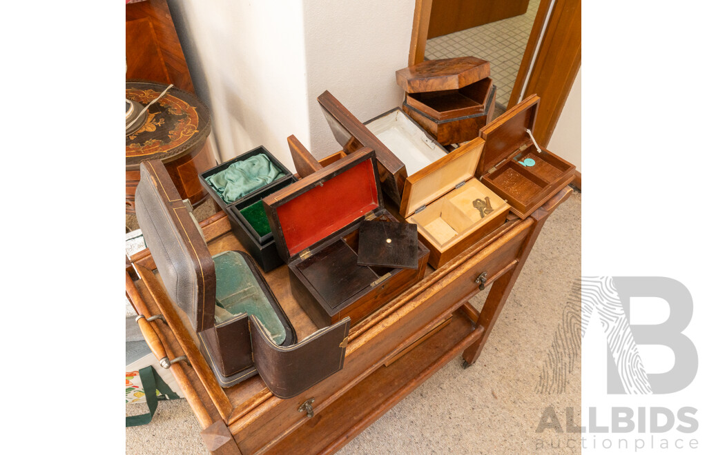 Collection Antique & Vintage Boxes and Canteens Including Thorens Swiss Made Musical Example and More