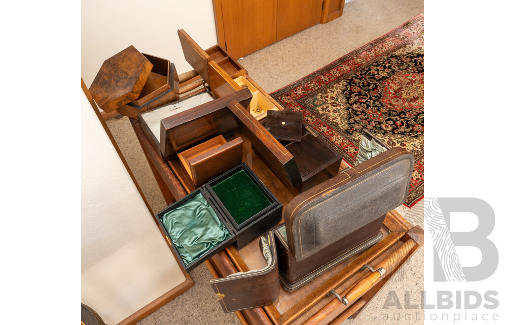 Collection Antique & Vintage Boxes and Canteens Including Thorens Swiss Made Musical Example and More
