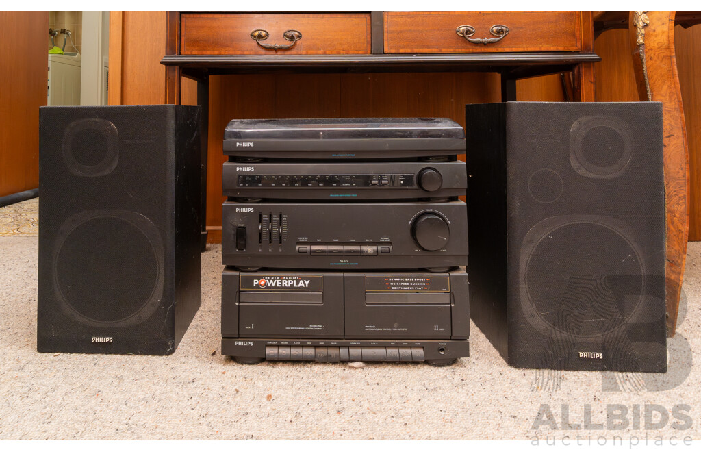 Phillips Sound System with Turntable, Reciever, Amplifier, Casette Deck and Pair Speakers