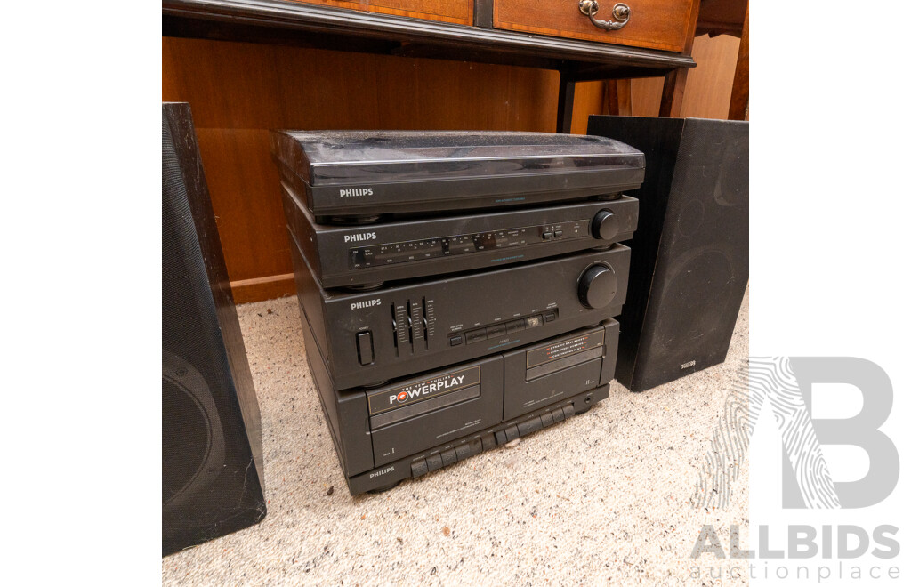 Phillips Sound System with Turntable, Reciever, Amplifier, Casette Deck and Pair Speakers