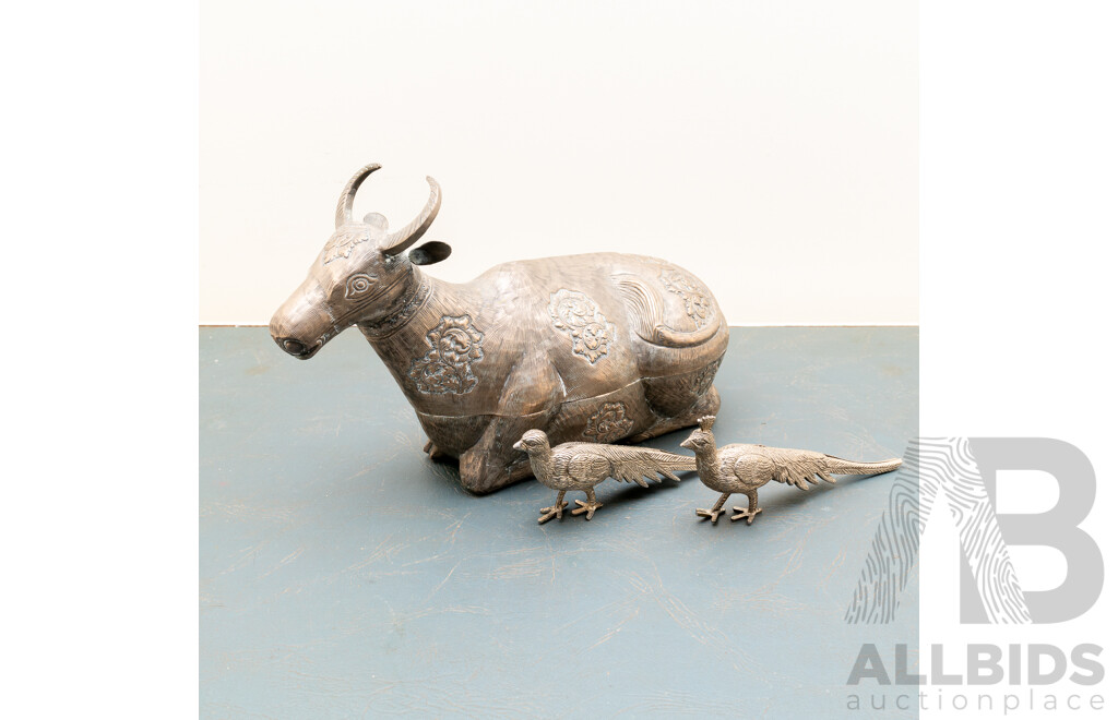 Vintage White Metal Lidded Water Buffalo Container Along with Pair White Metal Pheasant Figure