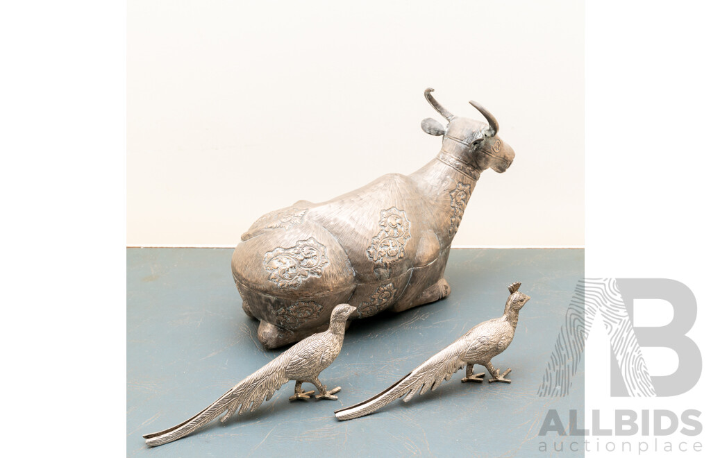 Vintage White Metal Lidded Water Buffalo Container Along with Pair White Metal Pheasant Figure