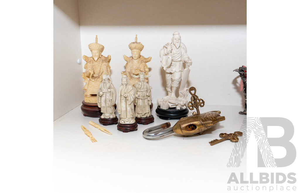 Collection Vintage Asian Composite Figures on Wooden Stands
