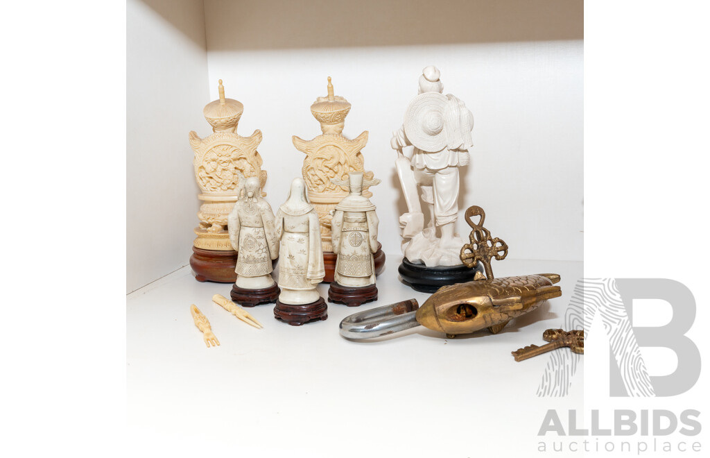 Collection Vintage Asian Composite Figures on Wooden Stands