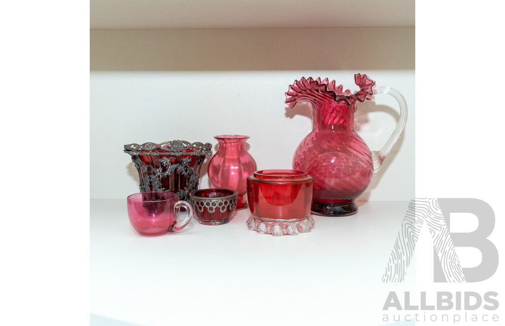 Collection Vintage Ruby & Cranberry Glass Pieces Including Pitcher with Ruffled Detail to Rim and More