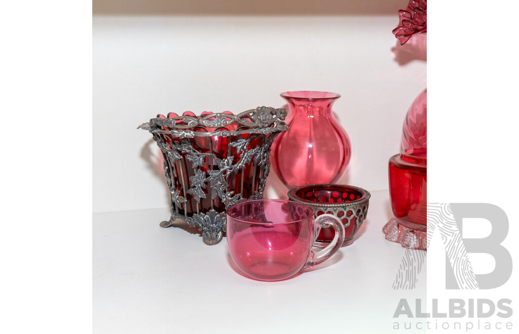 Collection Vintage Ruby & Cranberry Glass Pieces Including Pitcher with Ruffled Detail to Rim and More