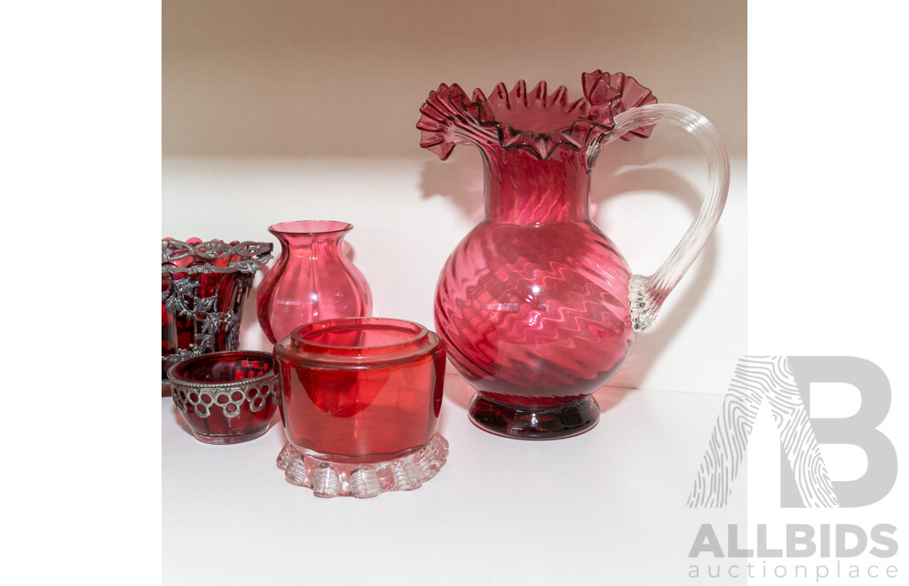 Collection Vintage Ruby & Cranberry Glass Pieces Including Pitcher with Ruffled Detail to Rim and More